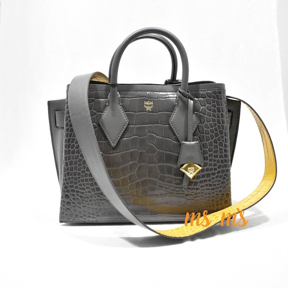 NWT MCM CHARCOAL Croco embossed Tote Crossbody
